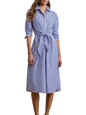Lauren Ralph Lauren Stripe Sash Cotton Broadcloth Shirtdress Blue/White